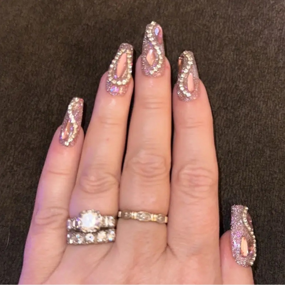 New Elegant Rhinestone & Pink 3D Press On Nail Art Reusable Handmade 10pc Medium